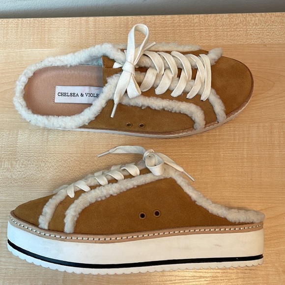 Chelsea& Violet Cozy Suede and Faux Fur Lace Up Platform Mule Sneaker - New - Picture 4 of 9